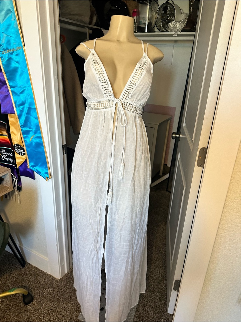 Aakaa White Cotton V-Neck Maxi Jumpsuit with Crochet Waist